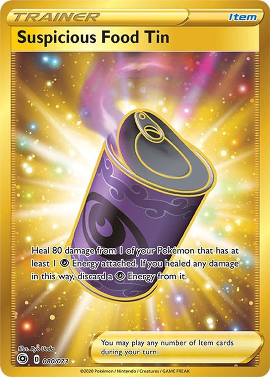 Buy Pokemon cards Australia - Suspicious Food Tin 080/073 - Premium Raw Card from Monster Mart - Pokémon Card Emporium - Shop now at Monster Mart - Pokémon Cards Australia. Champion's Path, Gold, Secret Rare, Trainer
