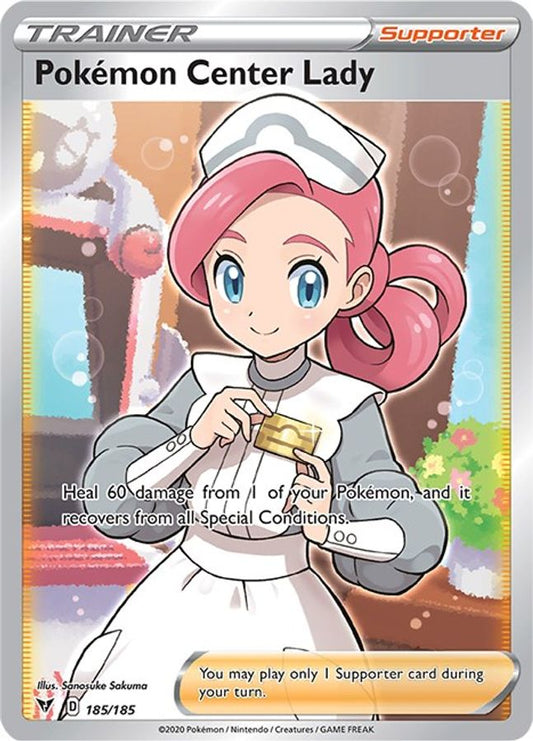 Buy Pokemon cards Australia - Pokemon Center Lady 185/185 - Premium Raw Card from Monster Mart - Pokémon Card Emporium - Shop now at Monster Mart - Pokémon Cards Australia. BF30, Trainer, Vivid Voltage