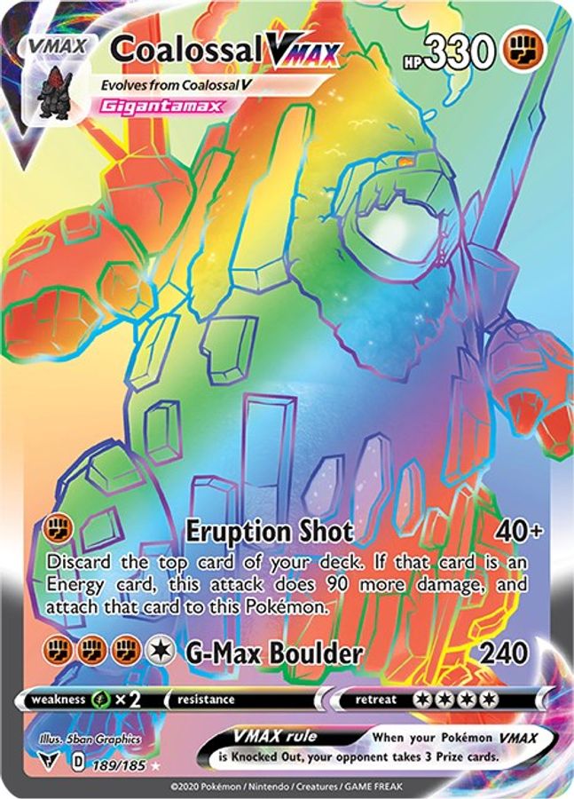 Buy Pokemon cards Australia - Coalossal VMAX Rainbow 189/185 - Premium Raw Card from Monster Mart - Pokémon Card Emporium - Shop now at Monster Mart - Pokémon Cards Australia. Rainbow, Vivid Voltage, VMAX