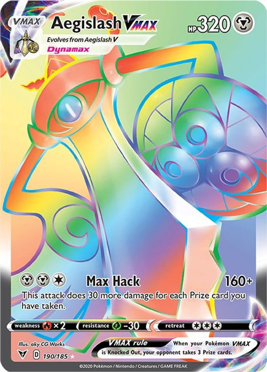 Buy Pokemon cards Australia - Aegislash VMAX Rainbow 190/185 - Premium Raw Card from Monster Mart - Pokémon Card Emporium - Shop now at Monster Mart - Pokémon Cards Australia. Rainbow, Secret Rare, Vivid Voltage, VMAX