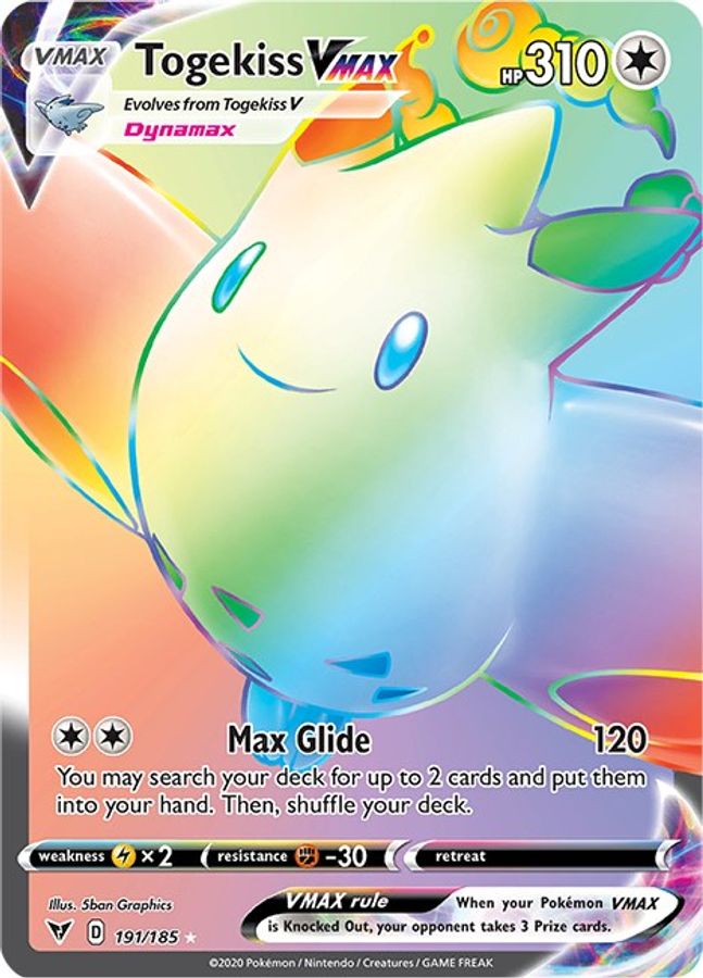 Buy Pokemon cards Australia - Togekiss VMAX 191/185 - Premium Raw Card from Monster Mart - Pokémon Card Emporium - Shop now at Monster Mart - Pokémon Cards Australia. Rainbow, Secret Rare, Vivid Voltage, VMAX