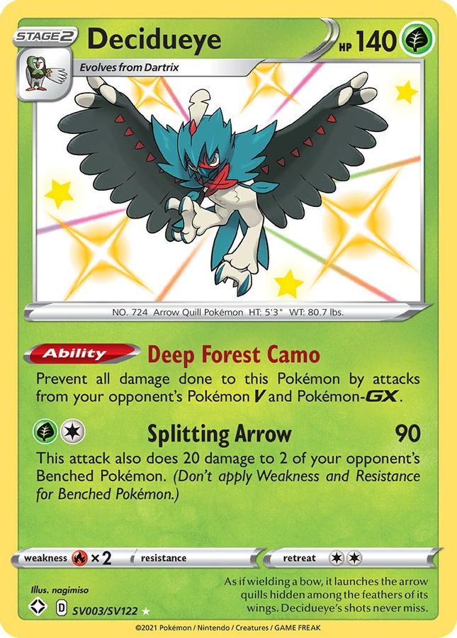 Buy Pokemon cards Australia - Decidueye SV003/SV122 - Premium Raw Card from Monster Mart - Pokémon Card Emporium - Shop now at Monster Mart - Pokémon Cards Australia. Shining Fates, Shiny Holo, Shiny Vault