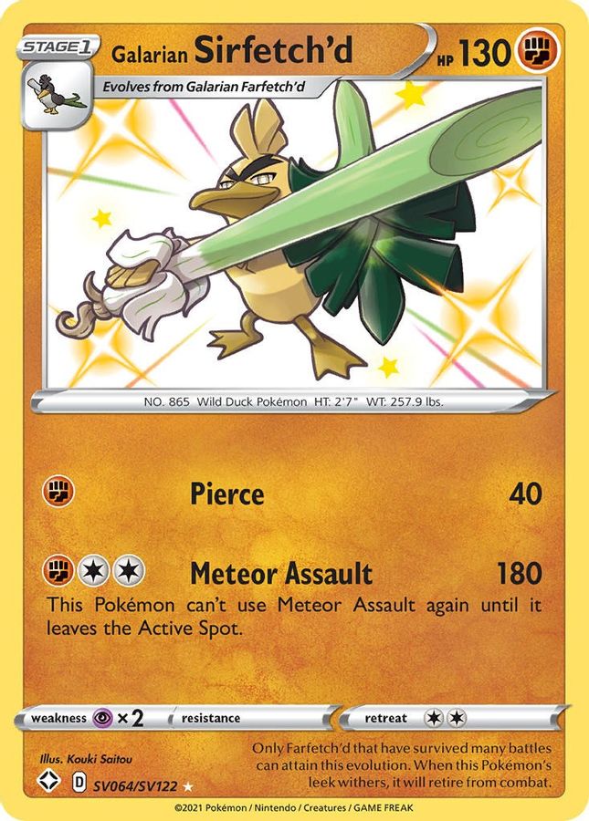 Buy Pokemon cards Australia - Sirfetch'd SV064/SV122 - Premium Raw Card from Monster Mart - Pokémon Card Emporium - Shop now at Monster Mart - Pokémon Cards Australia. Shining Fates, Shiny Holo, Shiny Vault