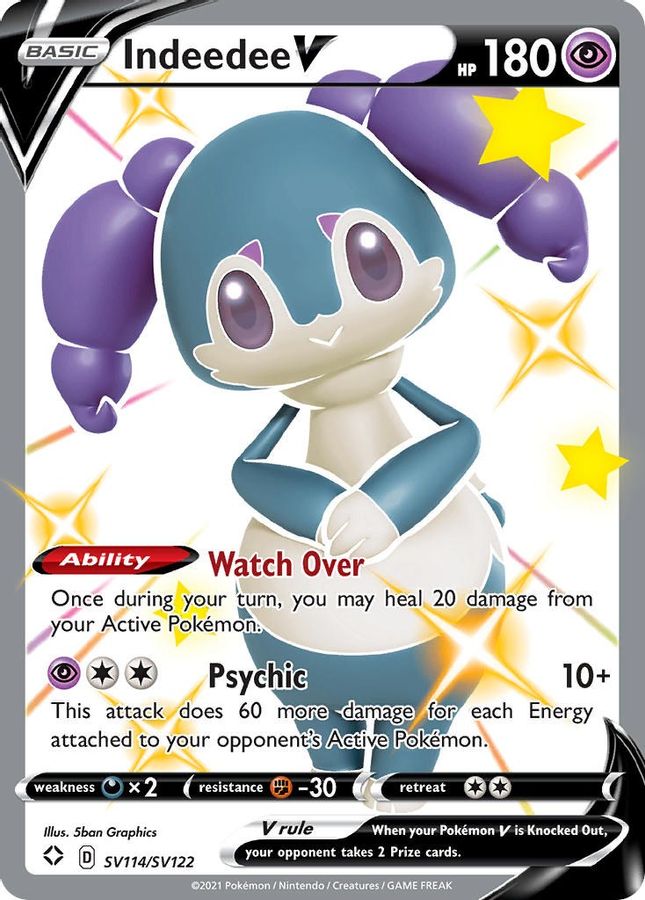 Buy Pokemon cards Australia - Indeedee V SV114/SV122 - Premium Raw Card from Monster Mart - Pokémon Card Emporium - Shop now at Monster Mart - Pokémon Cards Australia. Shining Fates, Shiny Holo, Shiny Vault