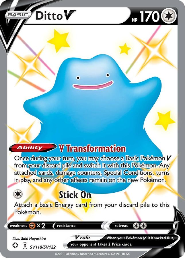 Buy Pokemon cards Australia - Ditto V SV118/SV122 - Premium Raw Card from Monster Mart - Pokémon Card Emporium - Shop now at Monster Mart - Pokémon Cards Australia. Shining Fates, Shiny Holo Rare, Shiny Vault