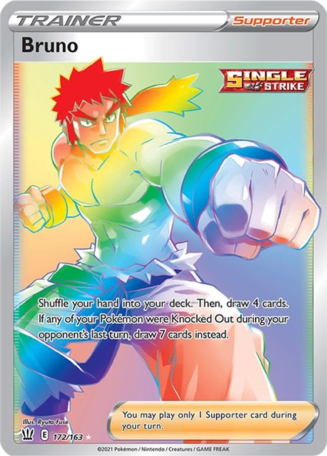 Buy Pokemon cards Australia - Bruno Rainbow Trainer 172/163 - Premium Raw Card from Monster Mart - Pokémon Card Emporium - Shop now at Monster Mart - Pokémon Cards Australia. Battle Styles, Rainbow, Secret Rare, Trainer