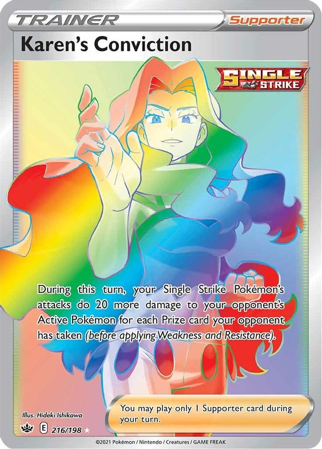 Buy Pokemon cards Australia - Karen's Conviction 216/198 - Premium Raw Card from Monster Mart - Pokémon Card Emporium - Shop now at Monster Mart - Pokémon Cards Australia. Chilling Reign, MMB20, New 11 Mar, Rainbow, Secret Rare, Trainer