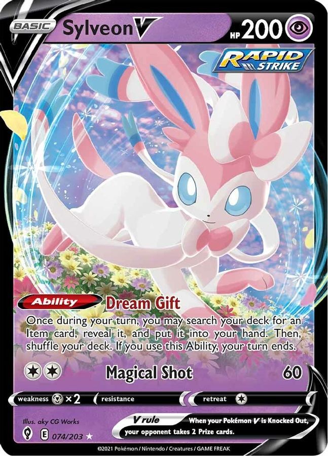 Buy Pokemon cards Australia - Sylveon V 074/203 - Premium Raw Card from Monster Mart - Pokémon Card Emporium - Shop now at Monster Mart - Pokémon Cards Australia. Evolving Skies, New 19 Mar