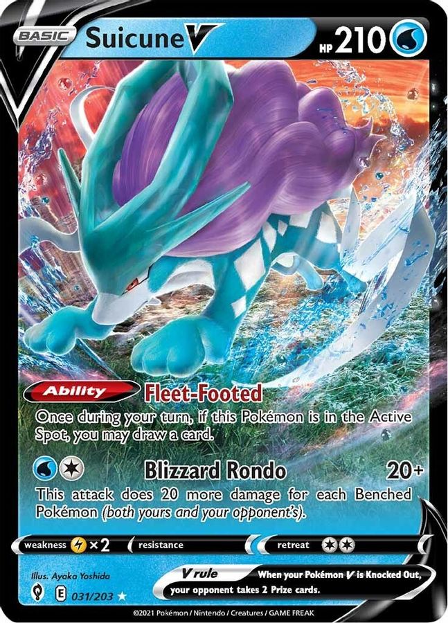 Buy Pokemon cards Australia - Suicune V 031/203 - Premium Raw Card from Monster Mart - Pokémon Card Emporium - Shop now at Monster Mart - Pokémon Cards Australia. Evolving Skies, New 18 Mar