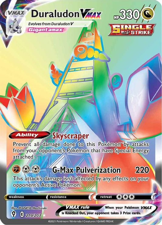 Buy Pokemon cards Australia - Duraludon VMAX Rainbow 219/203 - Premium Raw Card from Monster Mart - Pokémon Card Emporium - Shop now at Monster Mart - Pokémon Cards Australia. Evolving Skies, Rainbow, Secret Rare, VMAX
