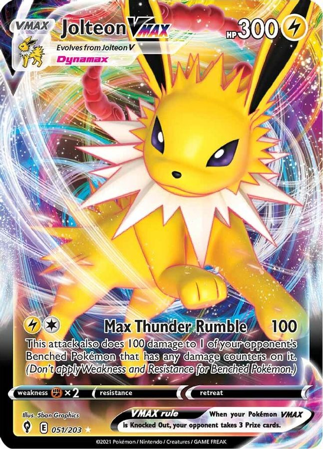 Buy Pokemon cards Australia - Jolteon VMAX 051/203 - Premium Raw Card from Monster Mart - Pokémon Card Emporium - Shop now at Monster Mart - Pokémon Cards Australia. Evolving Skies, VMAX