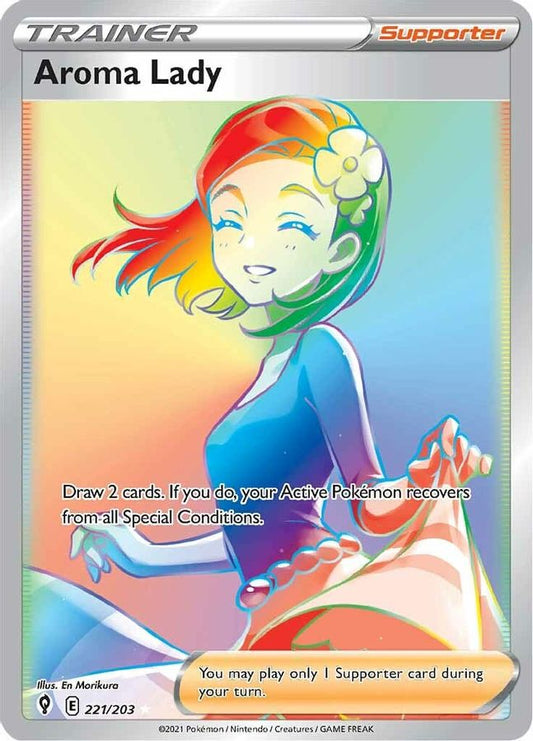Buy Pokemon cards Australia - Aroma Lady Rainbow 221/203 - Premium Raw Card from Monster Mart - Pokémon Card Emporium - Shop now at Monster Mart - Pokémon Cards Australia. Evolving Skies, Rainbow, Secret Rare, Trainer