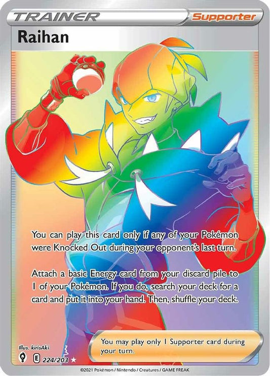 Buy Pokemon cards Australia - Raihan Rainbow Trainer 224/203 - Premium Raw Card from Monster Mart - Pokémon Card Emporium - Shop now at Monster Mart - Pokémon Cards Australia. Evolving Skies, Rainbow, Secret Rare, Trainer