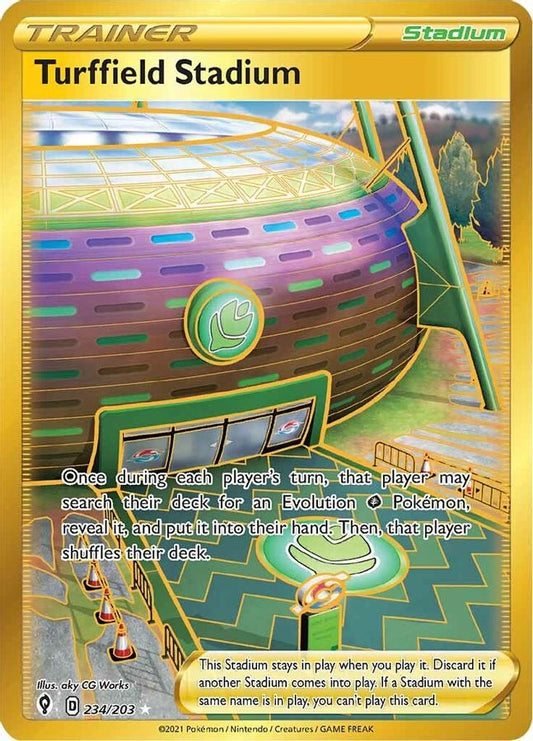 Buy Pokemon cards Australia - Turffield Stadium 234/203 - Premium Raw Card from Monster Mart - Pokémon Card Emporium - Shop now at Monster Mart - Pokémon Cards Australia. Evolving Skies, Gold, Secret Rare