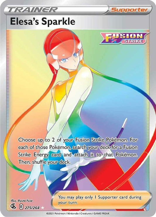 Buy Pokemon cards Australia - Elesa's Sparkle 275/264 - Premium Raw Card from Monster Mart - Pokémon Card Emporium - Shop now at Monster Mart - Pokémon Cards Australia. Fusion Strike, Rainbow, Secret Rare, Trainer