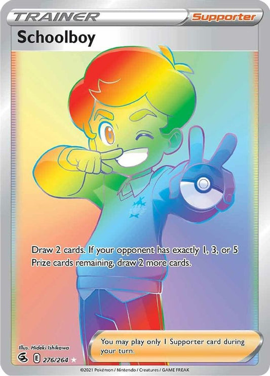 Buy Pokemon cards Australia - Schoolboy Rainbow Trainer 276/264 - Premium Raw Card from Monster Mart - Pokémon Card Emporium - Shop now at Monster Mart - Pokémon Cards Australia. Fusion Strike, MMB10, Rainbow, Trainer