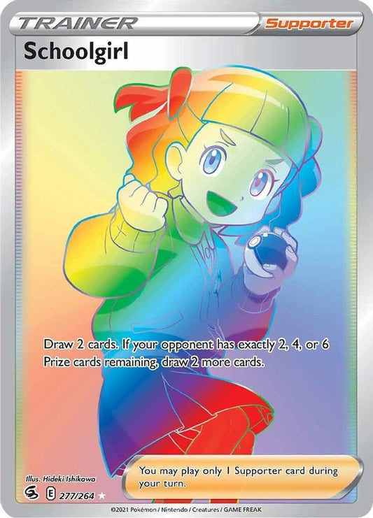 Buy Pokemon cards Australia - Schoolgirl Rainbow Trainer 277/264 - Premium Raw Card from Monster Mart - Pokémon Card Emporium - Shop now at Monster Mart - Pokémon Cards Australia. Fusion Strike, MMB20, Rainbow, Secret Rare, Trainer