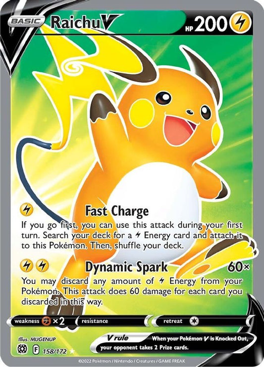 Buy Pokemon cards Australia - Raichu V 158/172 - Premium Raw Card from Monster Mart - Pokémon Card Emporium - Shop now at Monster Mart - Pokémon Cards Australia. Brilliant Stars, Full Art, MMB10