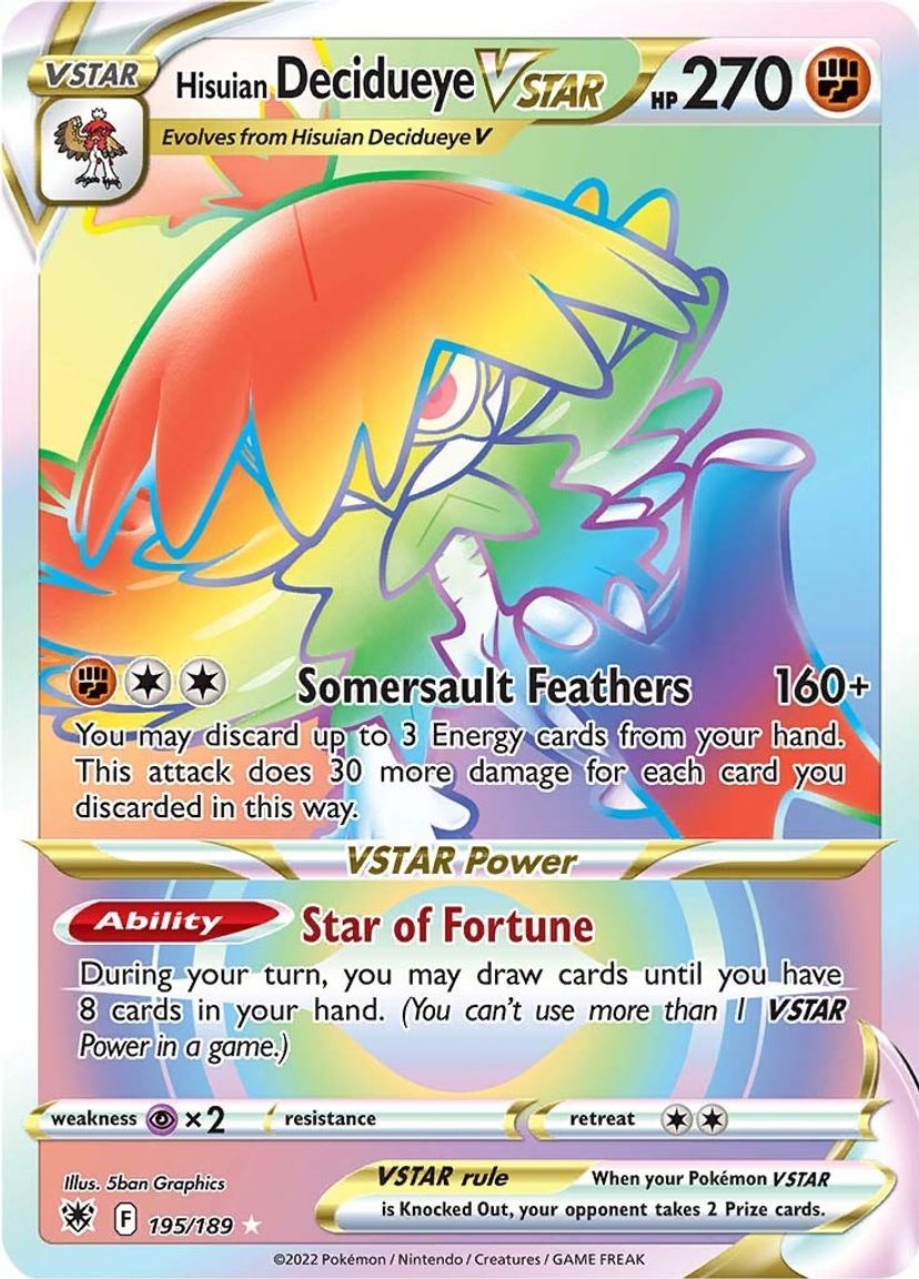 Buy Pokemon cards Australia - Decidueye VSTAR Rainbow 195/189 - Premium Raw Card from Monster Mart - Pokémon Card Emporium - Shop now at Monster Mart - Pokémon Cards Australia. Astral Radiance, Rainbow