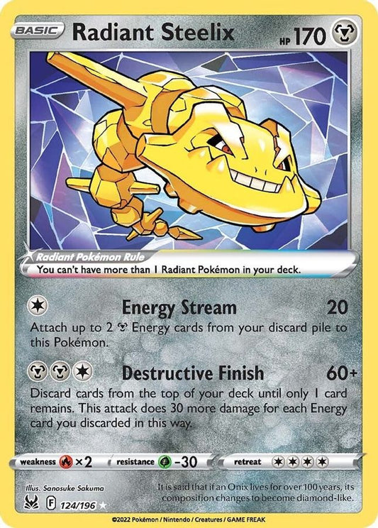 Buy Pokemon cards Australia - Radiant Steelix 124/196 - Premium Raw Card from Monster Mart - Pokémon Card Emporium - Shop now at Monster Mart - Pokémon Cards Australia. Lost Origin, MMB50, Radiant