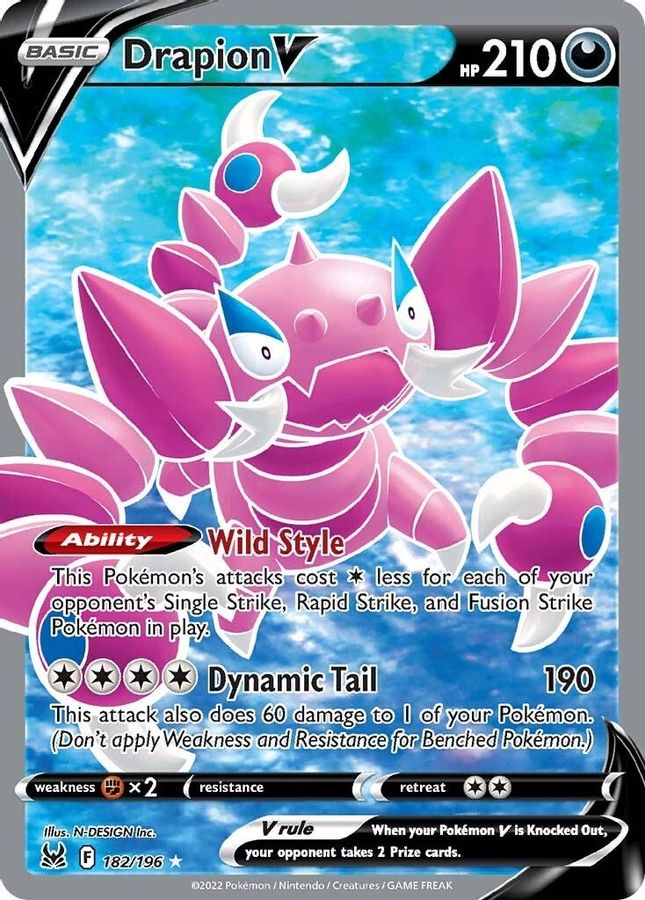 Buy Pokemon cards Australia - Drapion V 182/196 - Premium Raw Card from Monster Mart - Pokémon Card Emporium - Shop now at Monster Mart - Pokémon Cards Australia. Full Art, Lost Origin