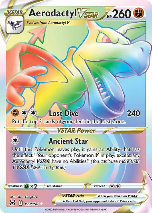 Buy Pokemon cards Australia - Aerodactyl VSTAR Rainbow 199/196 - Premium Raw Card from Monster Mart - Pokémon Card Emporium - Shop now at Monster Mart - Pokémon Cards Australia. Lost Origin, Rainbow, Secret Rare, VSTAR
