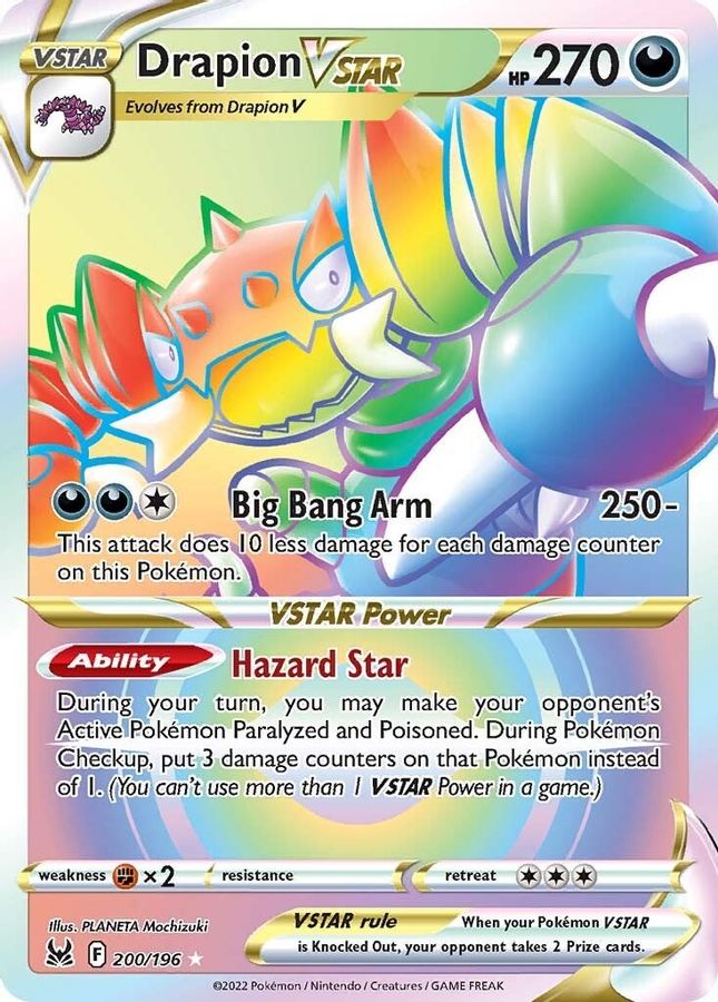 Buy Pokemon cards Australia - Drapion VSTAR Rainbow 200/196 - Premium Raw Card from Monster Mart - Pokémon Card Emporium - Shop now at Monster Mart - Pokémon Cards Australia. Lost Origin, Rainbow, VSTAR