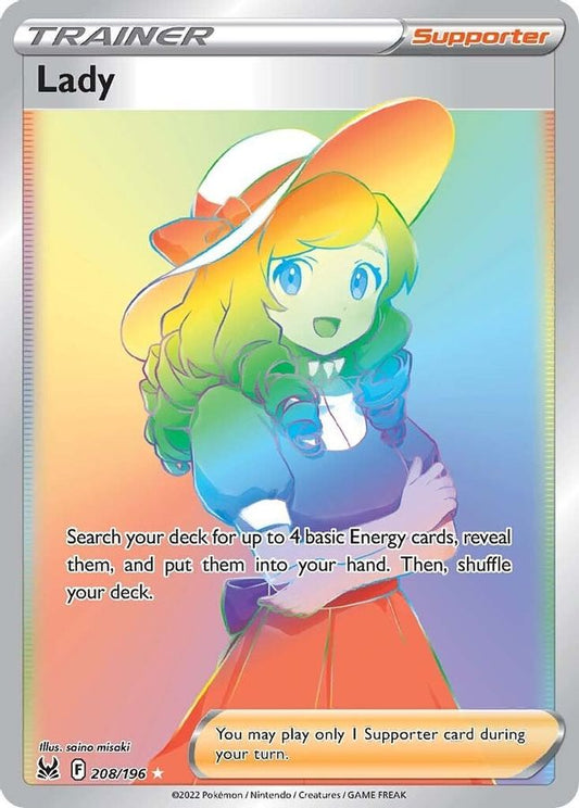 Buy Pokemon cards Australia - Lady 208/196 - Premium Raw Card from Monster Mart - Pokémon Card Emporium - Shop now at Monster Mart - Pokémon Cards Australia. Lost Origin, MMB10, Rainbow, Secret Rare, Trainer