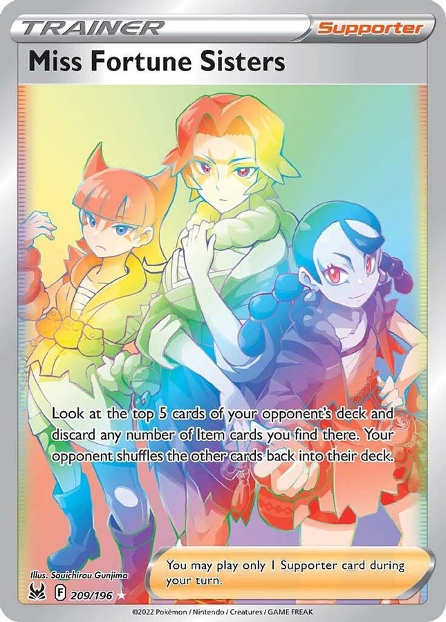 Buy Pokemon cards Australia - Miss Fortune Sisters 209/196 - Premium Raw Card from Monster Mart - Pokémon Card Emporium - Shop now at Monster Mart - Pokémon Cards Australia. Lost Origin, Rainbow, Secret Rare, Trainer