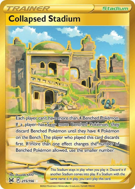 Buy Pokemon cards Australia - Collapsed Stadium 215/196 - Premium Raw Card from Monster Mart - Pokémon Card Emporium - Shop now at Monster Mart - Pokémon Cards Australia. Gold, Lost Origin, Secret Rare, Trainer