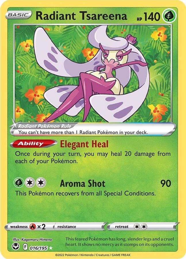 Buy Pokemon cards Australia - Radiant Tsareena 016/195 - Premium Raw Card from Monster Mart - Pokémon Card Emporium - Shop now at Monster Mart - Pokémon Cards Australia. MMB50, Radiant, Silver Tempest