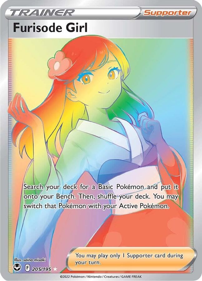 Buy Pokemon cards Australia - Furisode Girl 205/195 - Premium Raw Card from Monster Mart - Pokémon Card Emporium - Shop now at Monster Mart - Pokémon Cards Australia. Rainbow, Silver Tempest, Trainer