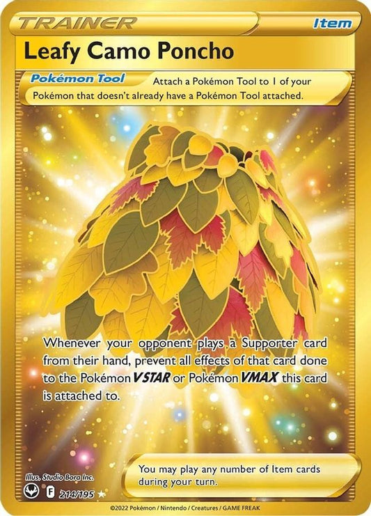 Buy Pokemon cards Australia - Leafy Camo Poncho 214/195 - Premium Raw Card from Monster Mart - Pokémon Card Emporium - Shop now at Monster Mart - Pokémon Cards Australia. Gold, Secret Rare, Silver Tempest, Trainer