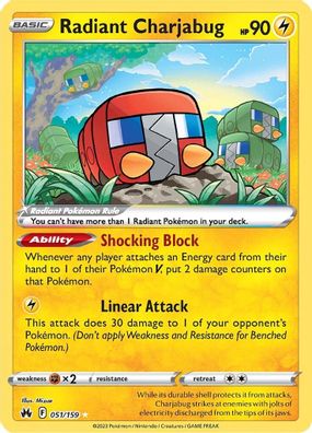 Buy Pokemon cards Australia - Radiant Charjabug 051/159 - Premium Raw Card from Monster Mart - Pokémon Card Emporium - Shop now at Monster Mart - Pokémon Cards Australia. Crown Zenith, Radiant