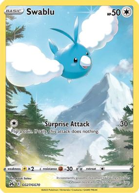 Buy Pokemon cards Australia - Swablu GG27/GG70 - Premium Raw Card from Monster Mart - Pokémon Card Emporium - Shop now at Monster Mart - Pokémon Cards Australia. Crown Zenith, Galarian Gallery, MMB20