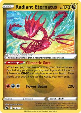 Buy Pokemon cards Australia - Radiant Eternatus 105/159 - Premium Raw Card from Monster Mart - Pokémon Card Emporium - Shop now at Monster Mart - Pokémon Cards Australia. Crown Zenith, MMB50, Radiant