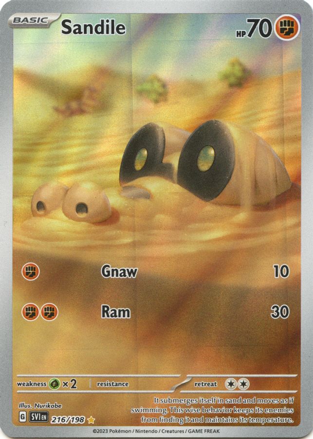 Buy Pokemon cards Australia - Sandile 216/198 - Premium Raw Card from Monster Mart - Pokémon Card Emporium - Shop now at Monster Mart - Pokémon Cards Australia. Illustration Rare, Scarlet & Violet