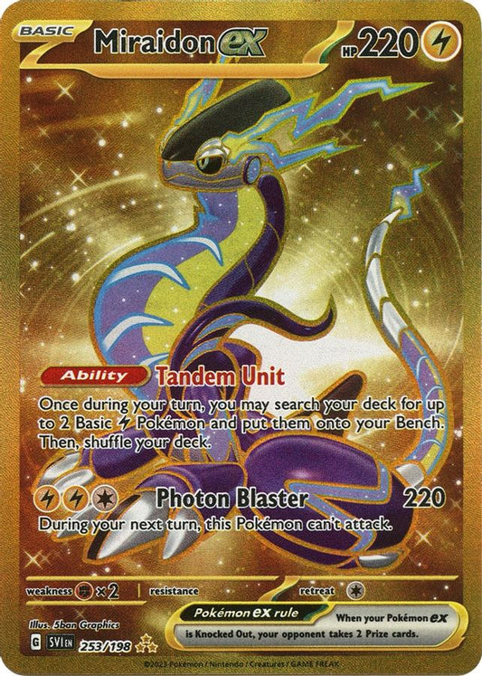 Buy Pokemon cards Australia - Miraidon EX 253/198 - Premium Raw Card from Monster Mart - Pokémon Card Emporium - Shop now at Monster Mart - Pokémon Cards Australia. EX, Gold, Hyper Rare, Scarlet & Violet, Secret Rare