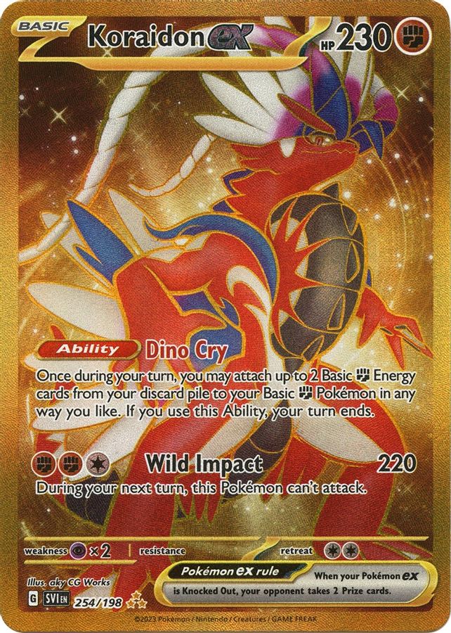 Buy Pokemon cards Australia - Koraidon EX 254/198 - Premium Raw Card from Monster Mart - Pokémon Card Emporium - Shop now at Monster Mart - Pokémon Cards Australia. Gold, Hyper Rare, Scarlet & Violet