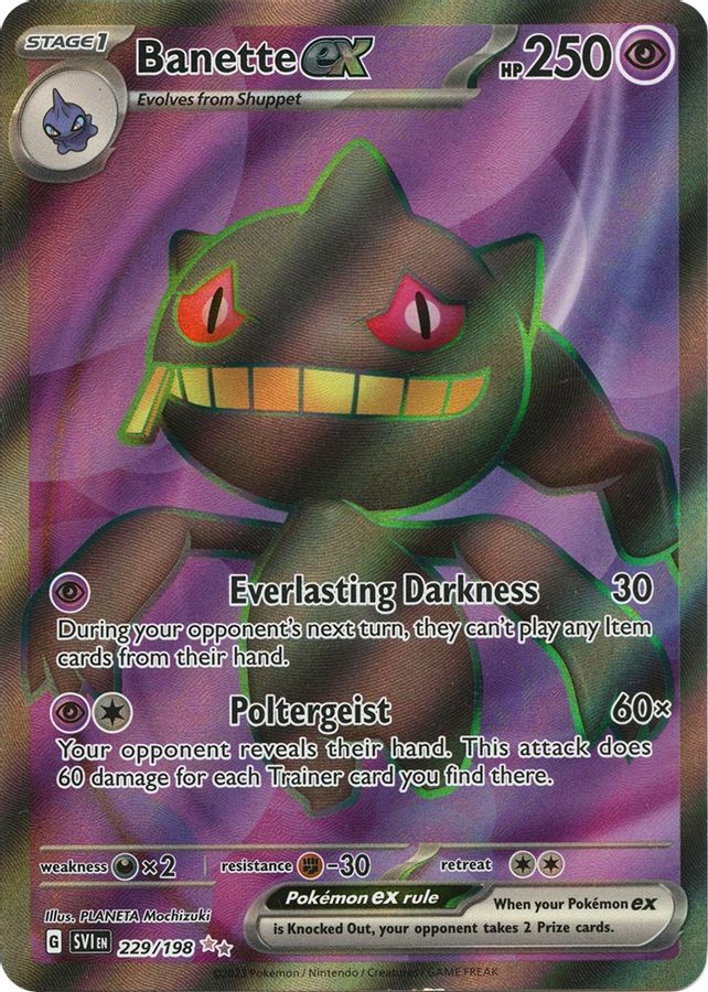 Buy Pokemon cards Australia - Banette EX 229/198 - Premium Raw Card from Monster Mart - Pokémon Card Emporium - Shop now at Monster Mart - Pokémon Cards Australia. EX, Scarlet & Violet, Ultra Rare