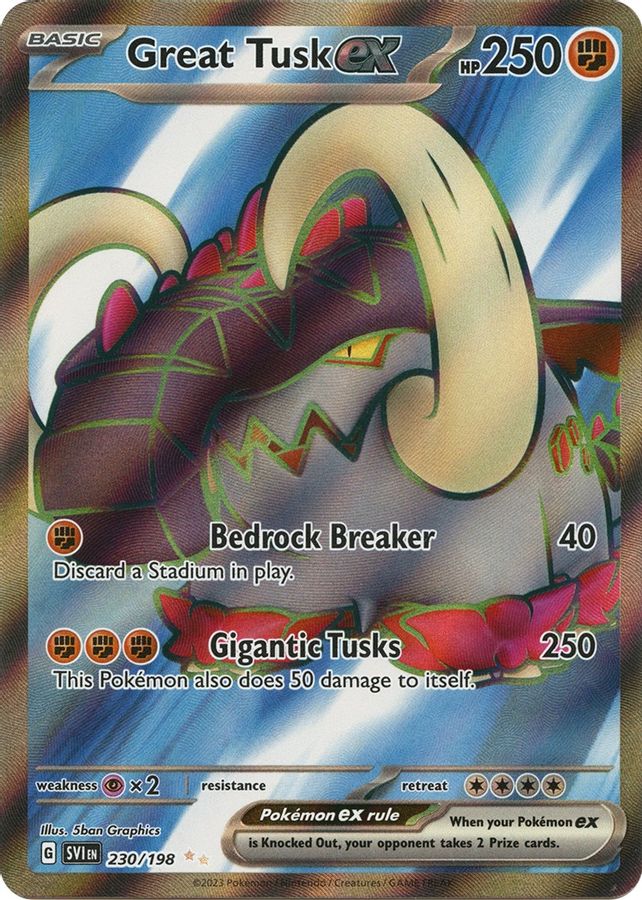 Buy Pokemon cards Australia - Great Tusk EX 230/198 - Premium Raw Card from Monster Mart - Pokémon Card Emporium - Shop now at Monster Mart - Pokémon Cards Australia. EX, MMB20, Scarlet & Violet