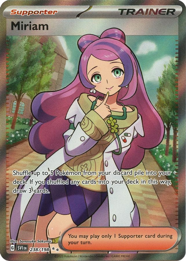 Buy Pokemon cards Australia - Miriam 238/198 - Premium Raw Card from Monster Mart - Pokémon Card Emporium - Shop now at Monster Mart - Pokémon Cards Australia. MMB20, Scarlet & Violet, Trainer, UItra Rare