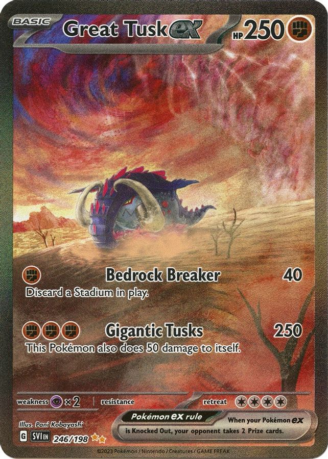 Buy Pokemon cards Australia - Great Tusk EX 246/198 - Premium Raw Card from Monster Mart - Pokémon Card Emporium - Shop now at Monster Mart - Pokémon Cards Australia. EX, Scarlet & Violet, Special Illustration Rare