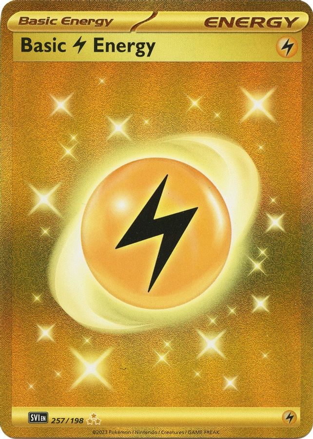 Buy Pokemon cards Australia - Basic Lightning Energy 257/198 - Premium Raw Card from Monster Mart - Pokémon Card Emporium - Shop now at Monster Mart - Pokémon Cards Australia. Energy, Gold, Hyper Rare, Scarlet & Violet