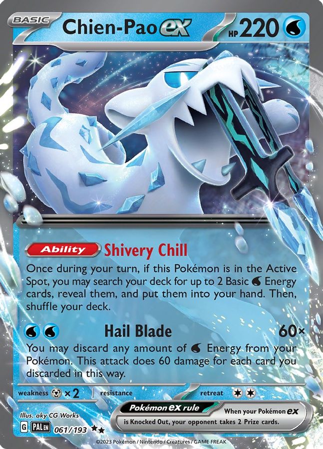 Buy Pokemon cards Australia - Chien-Pao EX 061/193 - Premium Raw Card from Monster Mart - Pokémon Card Emporium - Shop now at Monster Mart - Pokémon Cards Australia. EX, MMB50, Paldea Evolved