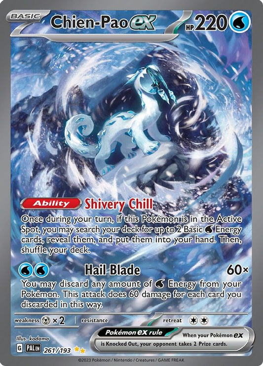 Buy Pokemon cards Australia - Chien-Pao EX 261/193 - Premium Raw Card from Monster Mart - Pokémon Card Emporium - Shop now at Monster Mart - Pokémon Cards Australia. EX, Paldea Evolved, Special Illustration Rare