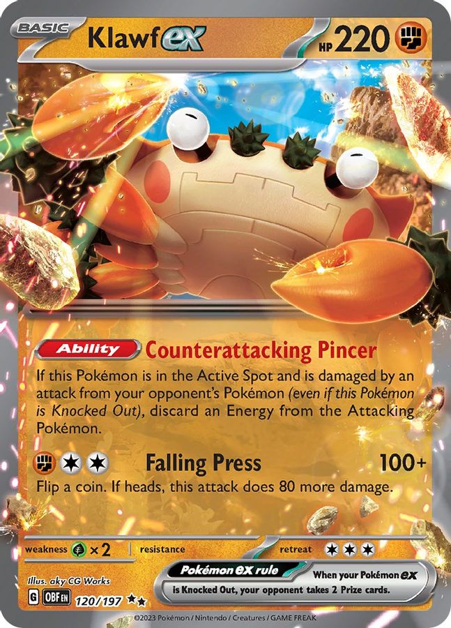 Buy Pokemon cards Australia - Klawf EX 120/197 - Premium Raw Card from Monster Mart - Pokémon Card Emporium - Shop now at Monster Mart - Pokémon Cards Australia. EX, Obsidian Flames