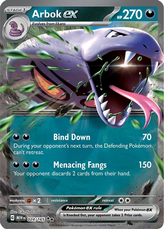 Buy Pokemon cards Australia - Arbok EX 024/165 - Premium Raw Card from Monster Mart - Pokémon Card Emporium - Shop now at Monster Mart - Pokémon Cards Australia. 151, Double Rare, EX, MMB50