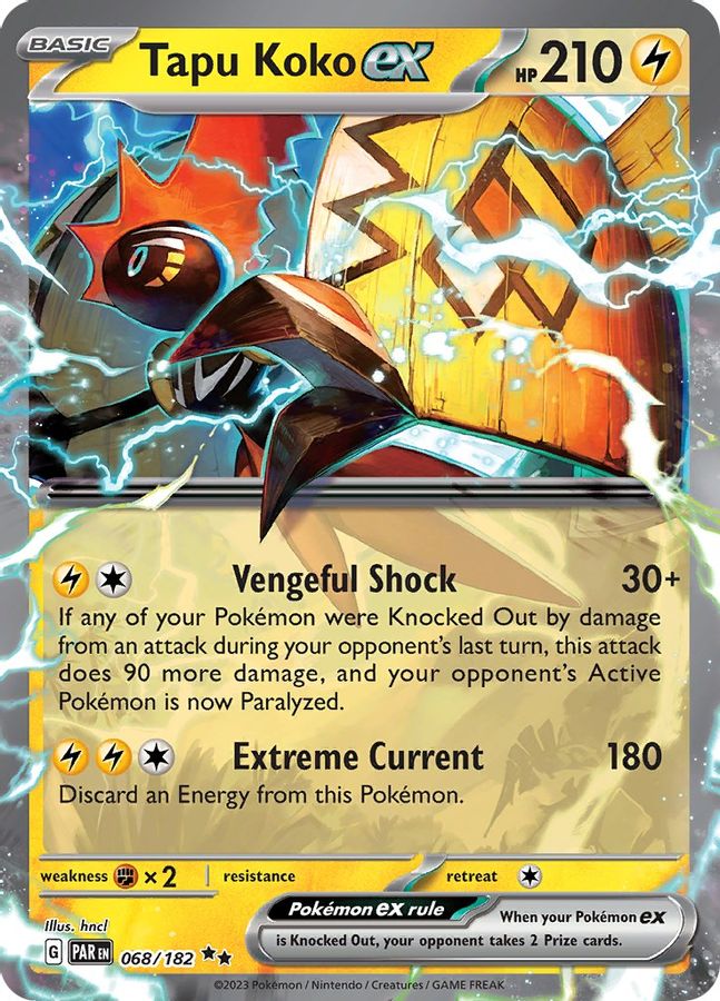 Buy Pokemon cards Australia - Tapu Koko EX 068/182 - Premium Raw Card from Monster Mart - Pokémon Card Emporium - Shop now at Monster Mart - Pokémon Cards Australia. Double Rare, EX, MMB40, Paradox Rift