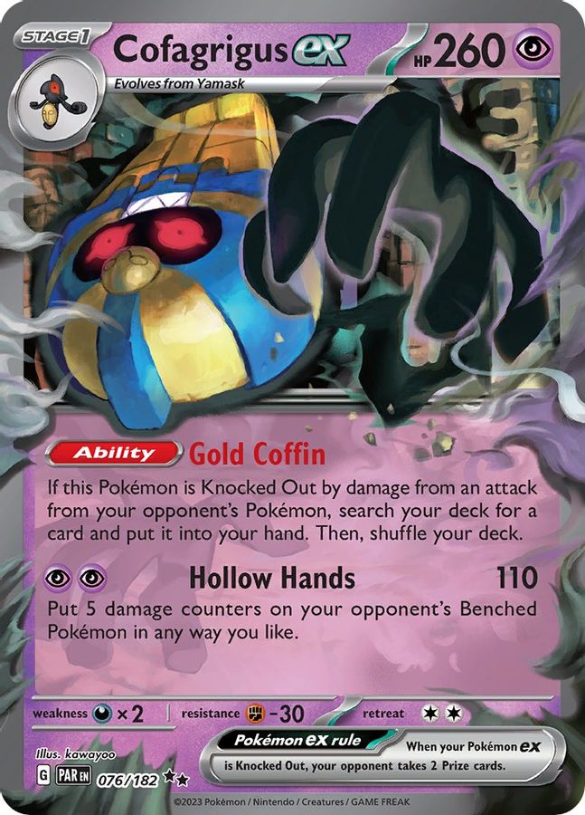 Buy Pokemon cards Australia - Cofagrigus EX 076/182 - Premium Raw Card from Monster Mart - Pokémon Card Emporium - Shop now at Monster Mart - Pokémon Cards Australia. Double Rare, EX, MMB50, Paradox Rift